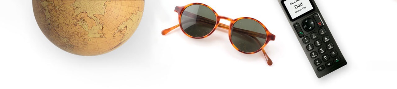 Globe, sunglasses, home phone